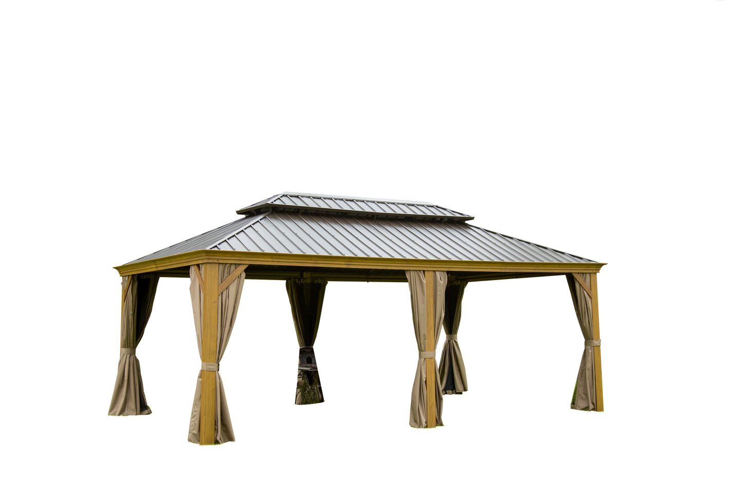 Bronze metal roof gazebo with tan curtains and wooden posts for outdoor entertaining