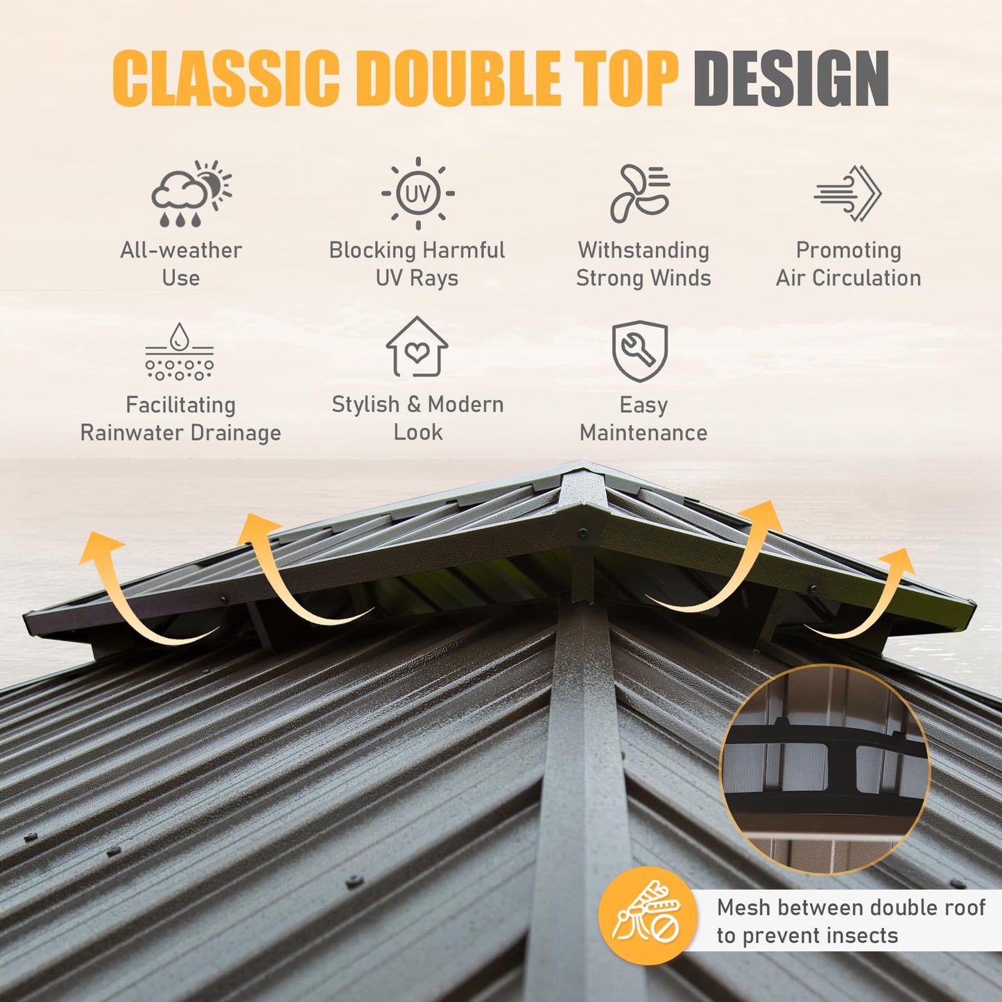Bronze metal gazebo roof with double top design for air circulation
