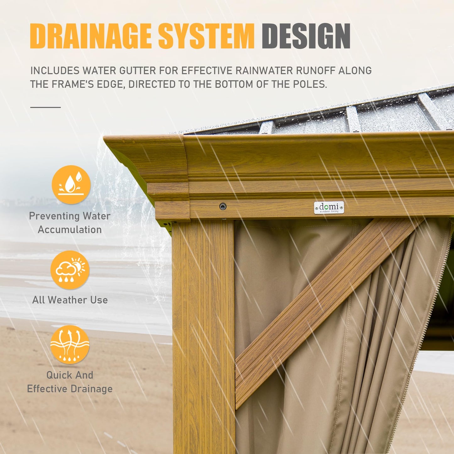 Gazebo with integrated water gutter for effective rainwater runoff preventing accumulation