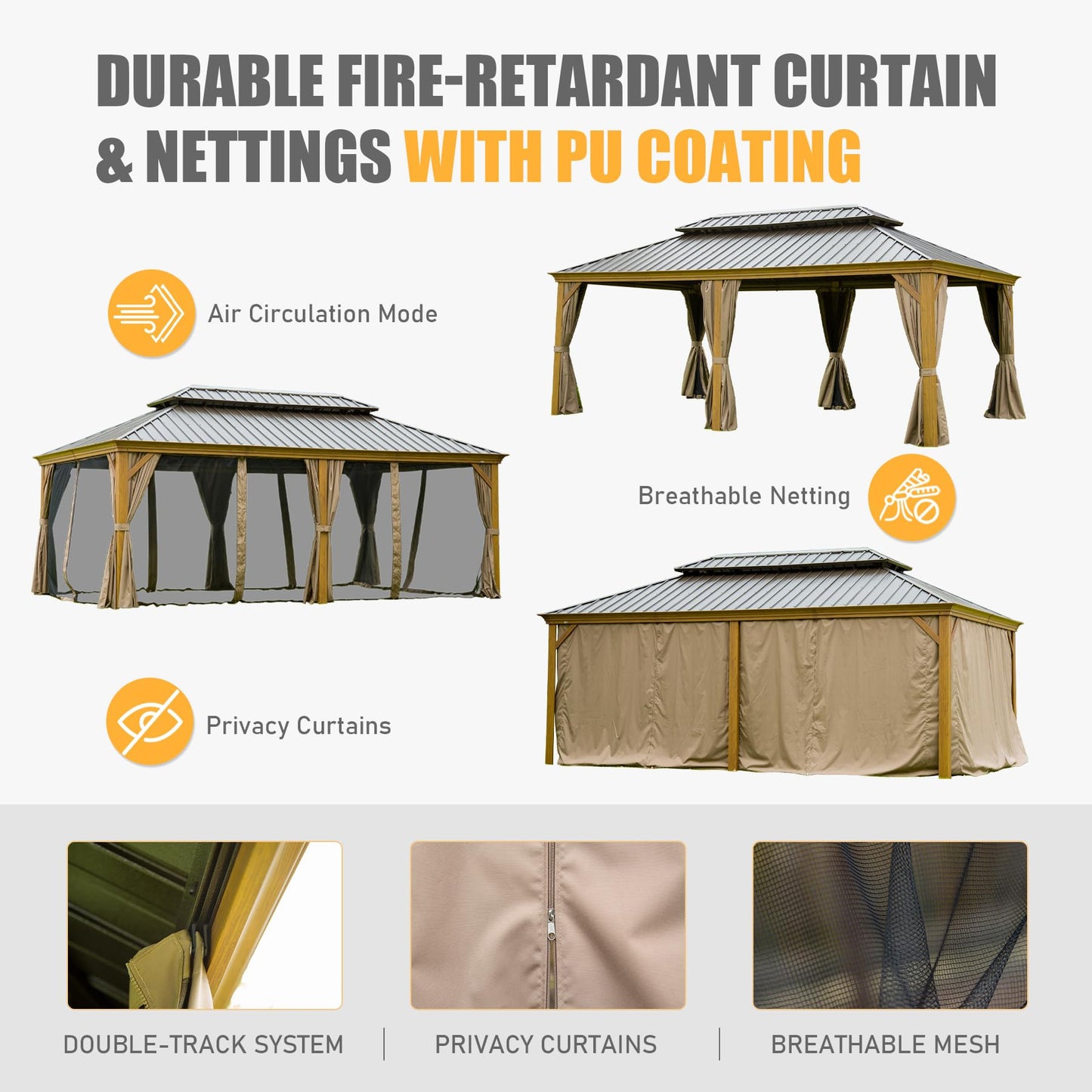 Gazebo with beige privacy curtains and netting for outdoor comfort
