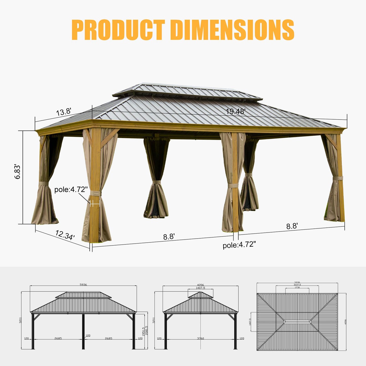 Durable patio gazebo with tan curtains wide metal roof and wooden frame
