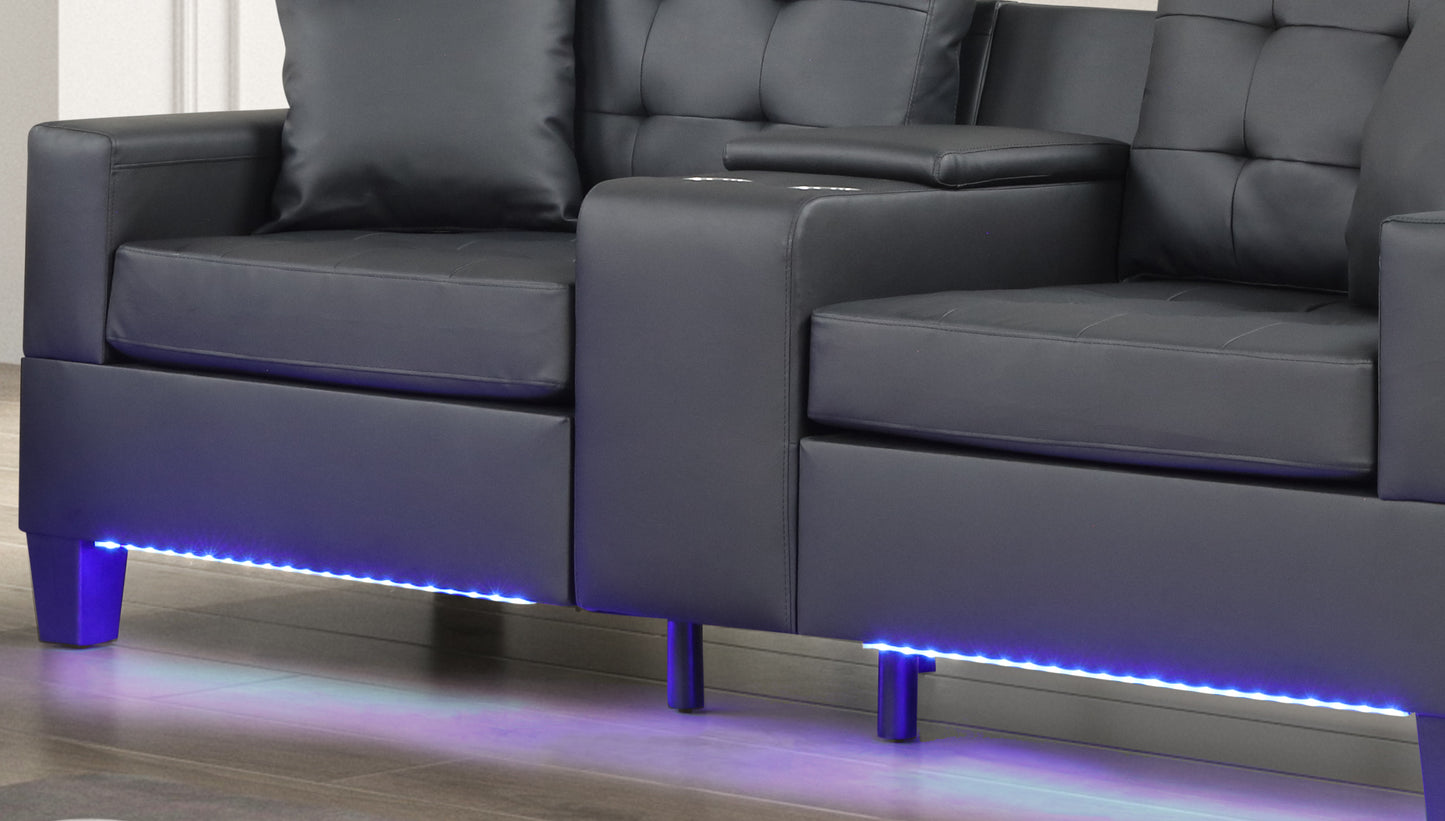 Black faux leather sofa with tufted back armrest and blue LED underglow lighting