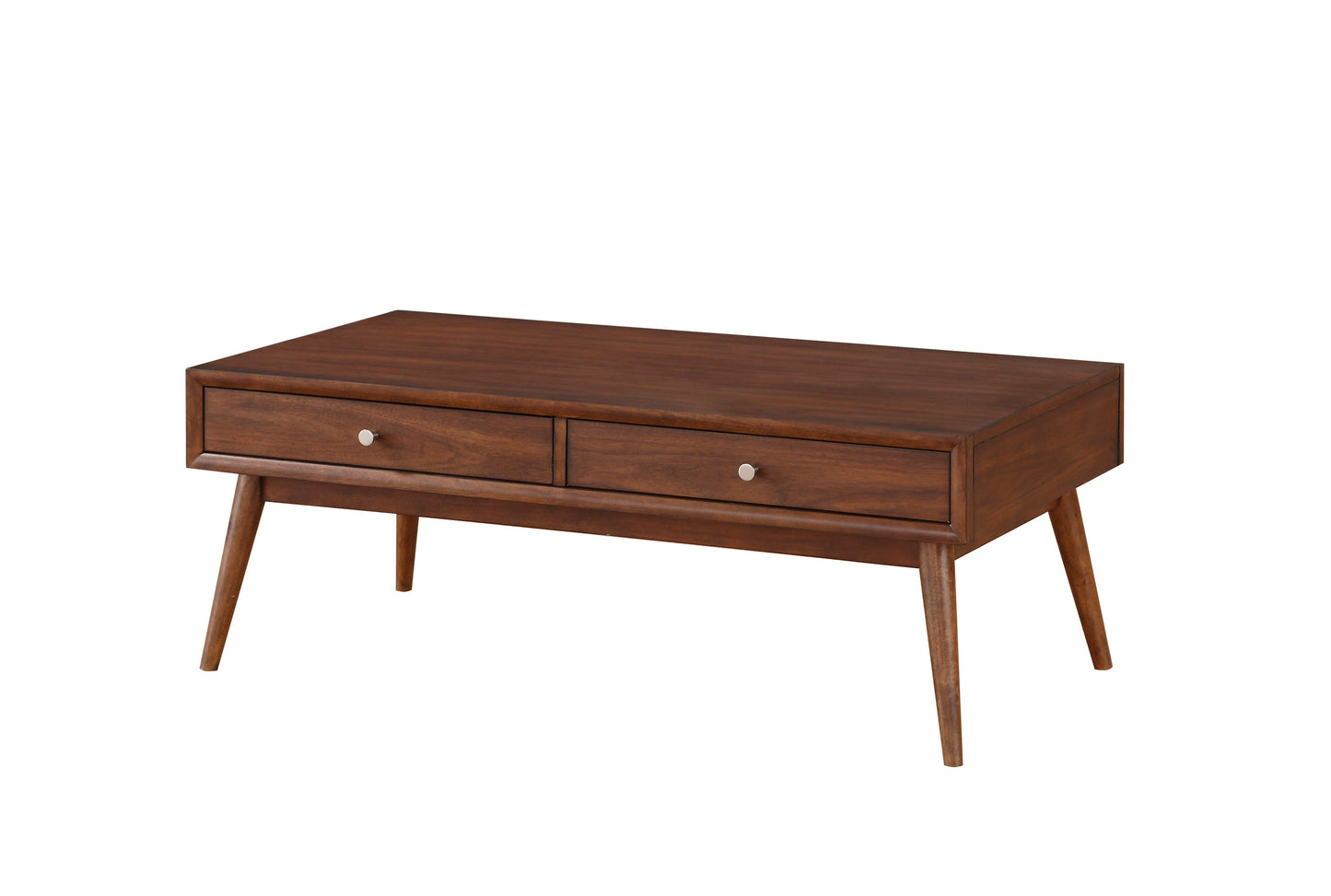Midcentury modern coffee table with two drawers and tapered wooden legs