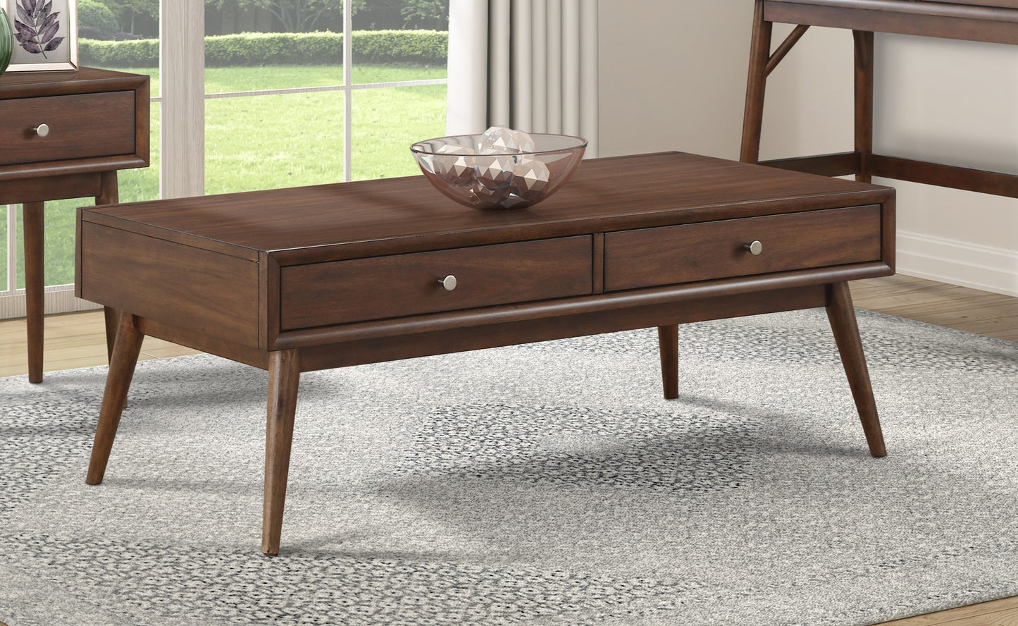 Midcentury modern walnut coffee table with two drawers and metal pulls
