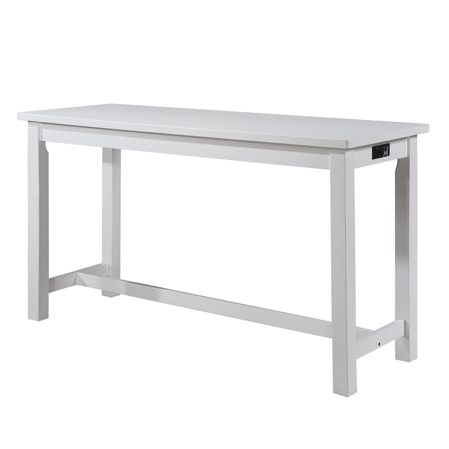White counter height table with integrated USB ports and outlets for convenient charging