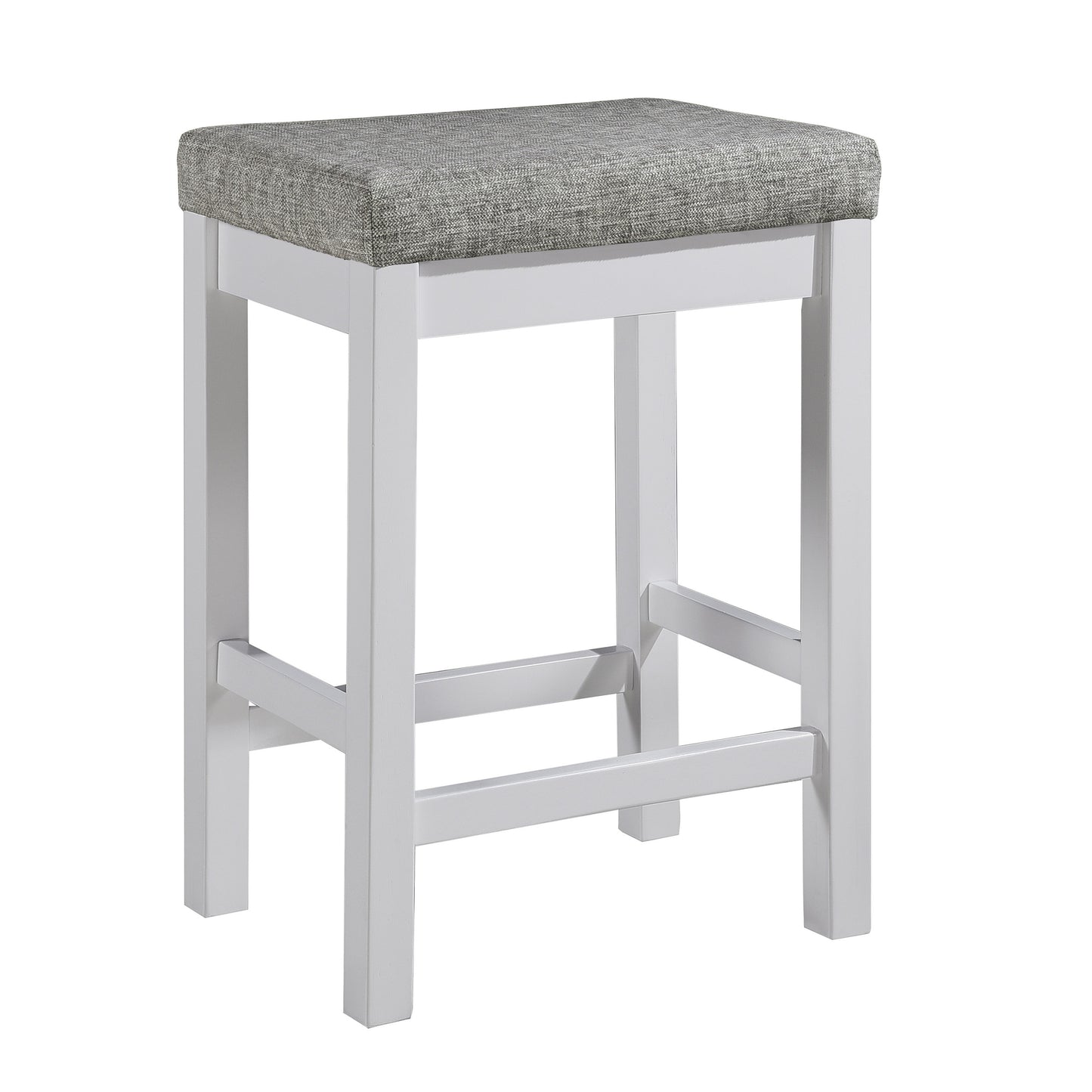 White bar stool with a gray textured fabric seat ideal for kitchens