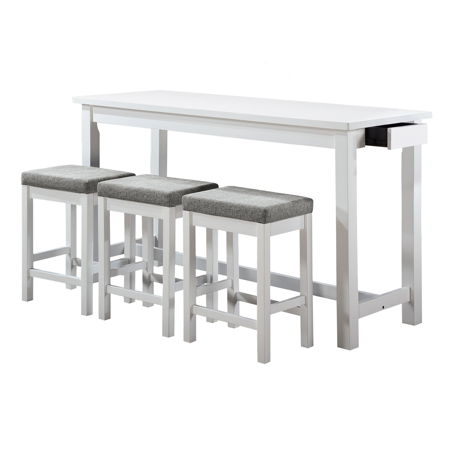 White modern bar table with three grey upholstered stools and a drawer