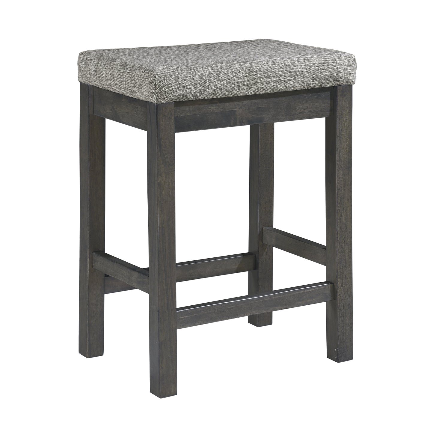 Gray upholstered counter height bar stool with dark wood frame perfect for kitchen islands