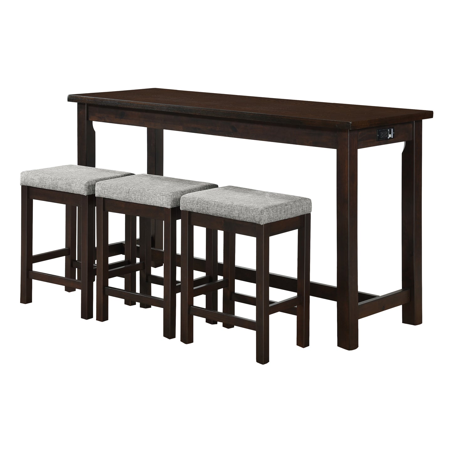 Dark wood counter height table with three grey upholstered stools and integrated power outlets