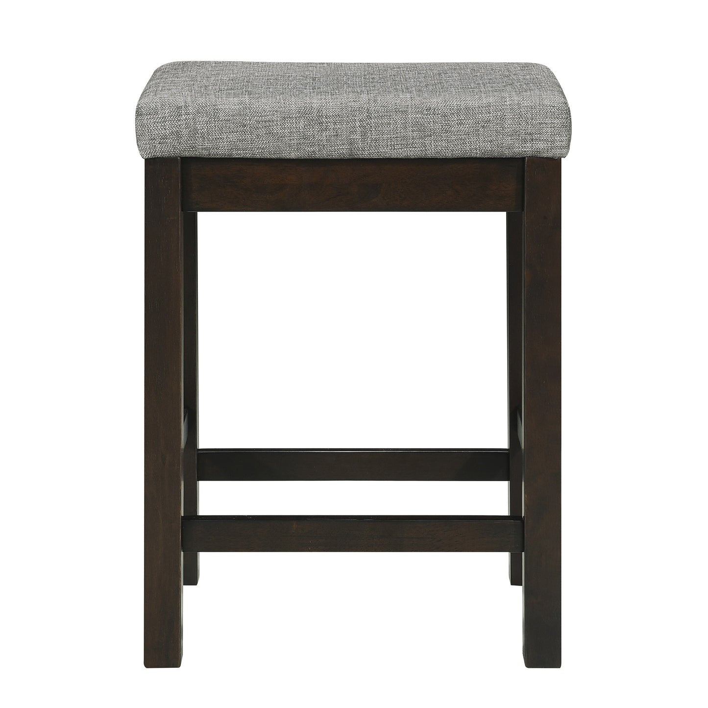 Dark wood frame counter stool with grey linen upholstered seat
