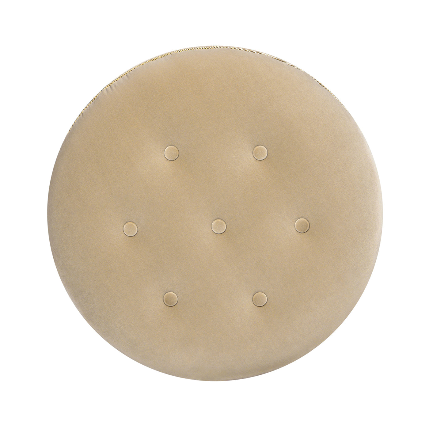 Tufted round ottoman in light beige velvet with decorative cording accent