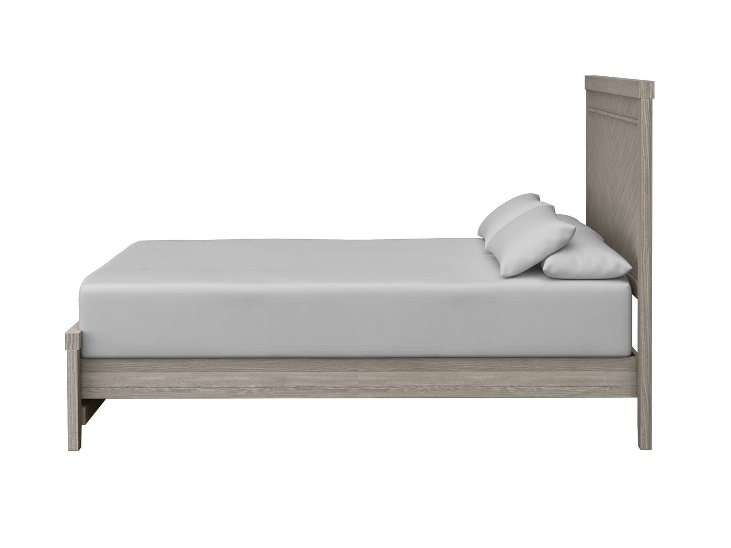 Modern queen size bed with light grey wood frame and chevron headboard