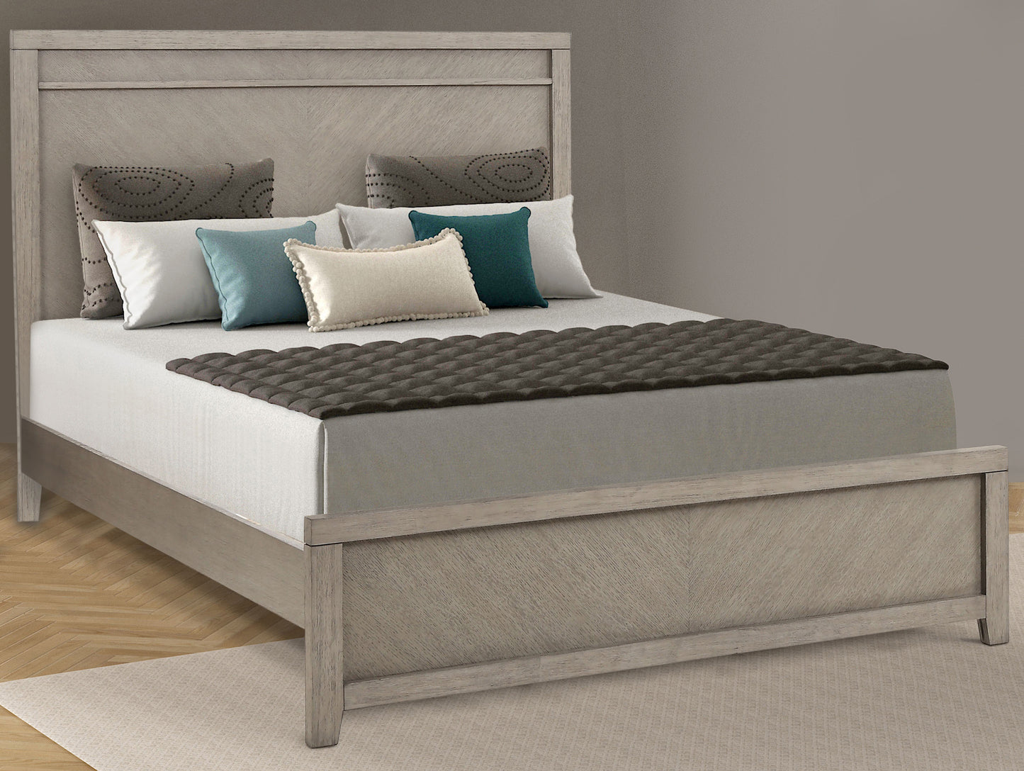 Modern king size bed with upholstered headboard and weathered wood frame