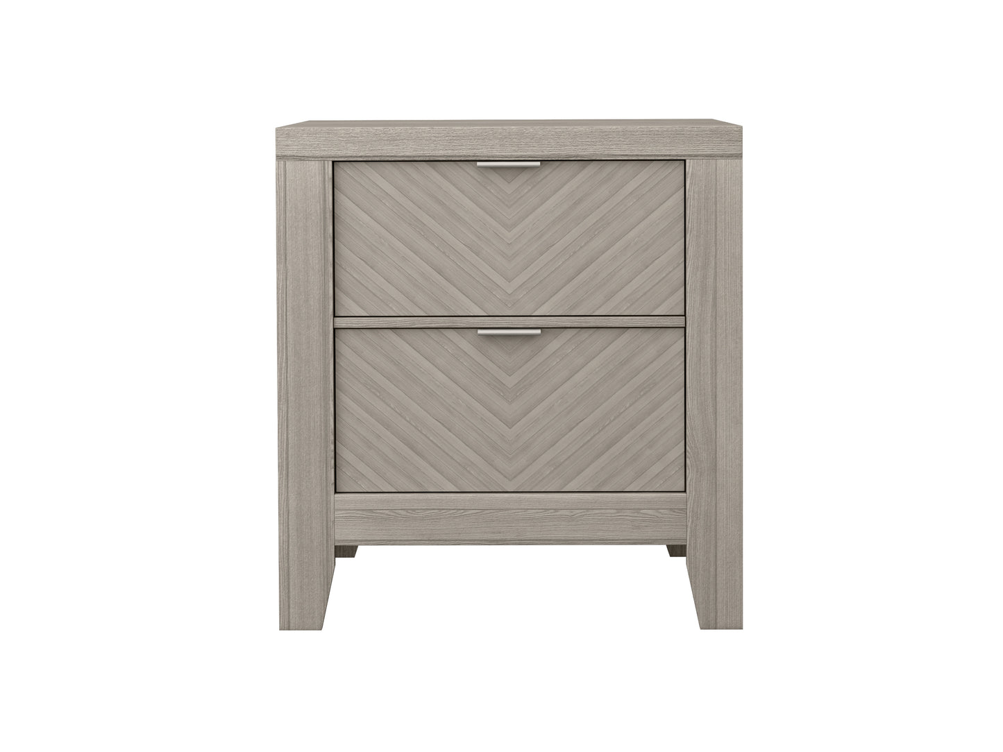 Gray washed wood nightstand with chevron drawer fronts and brushed nickel pulls
