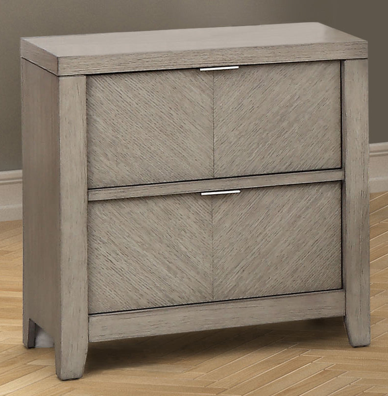 Modern grey wood bedside table with chevron drawer fronts and silver handles