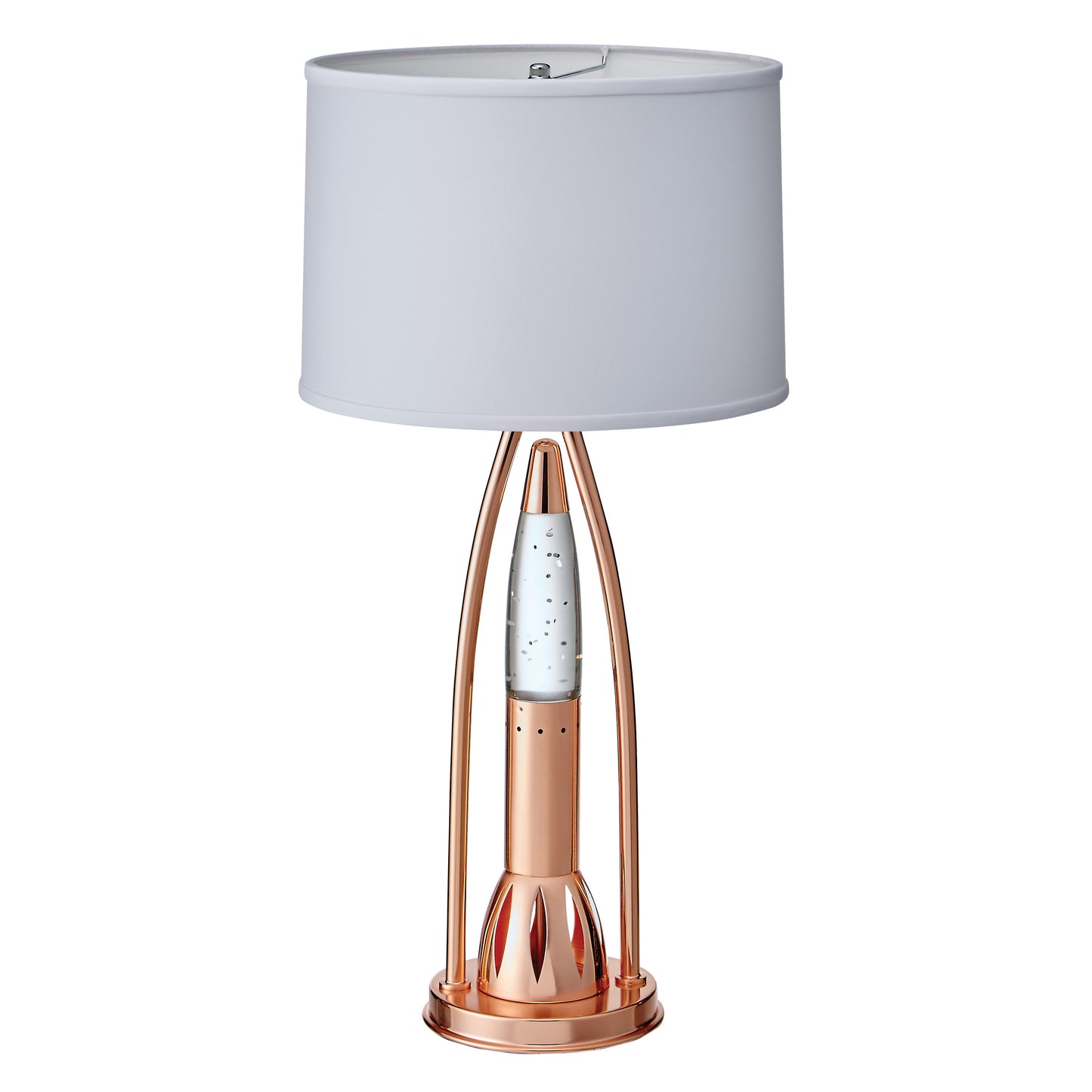 Rose gold lava lamp table lamp with a clear cylinder and silver glitter inclusions