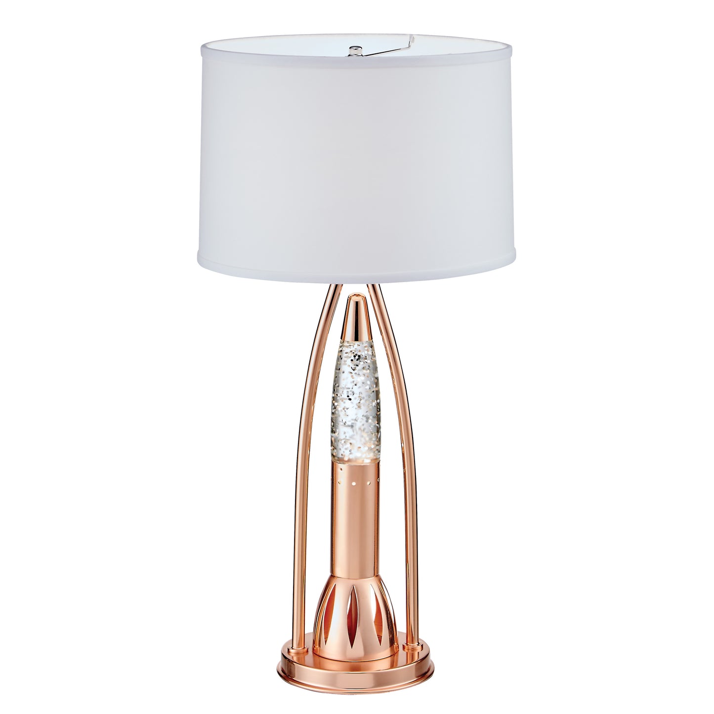 Rose gold desk lamp with glitterfilled cylinder and white drum shade