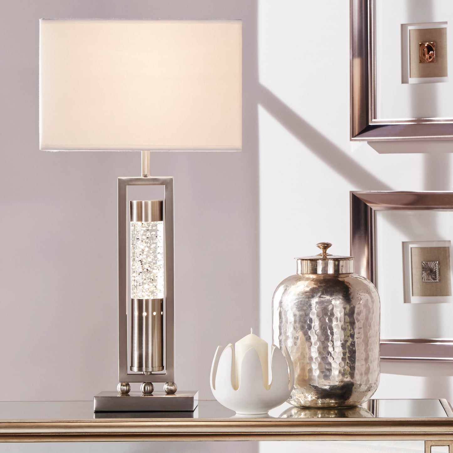 Modern brushed nickel table lamp with crystal accents and offwhite rectangular shade