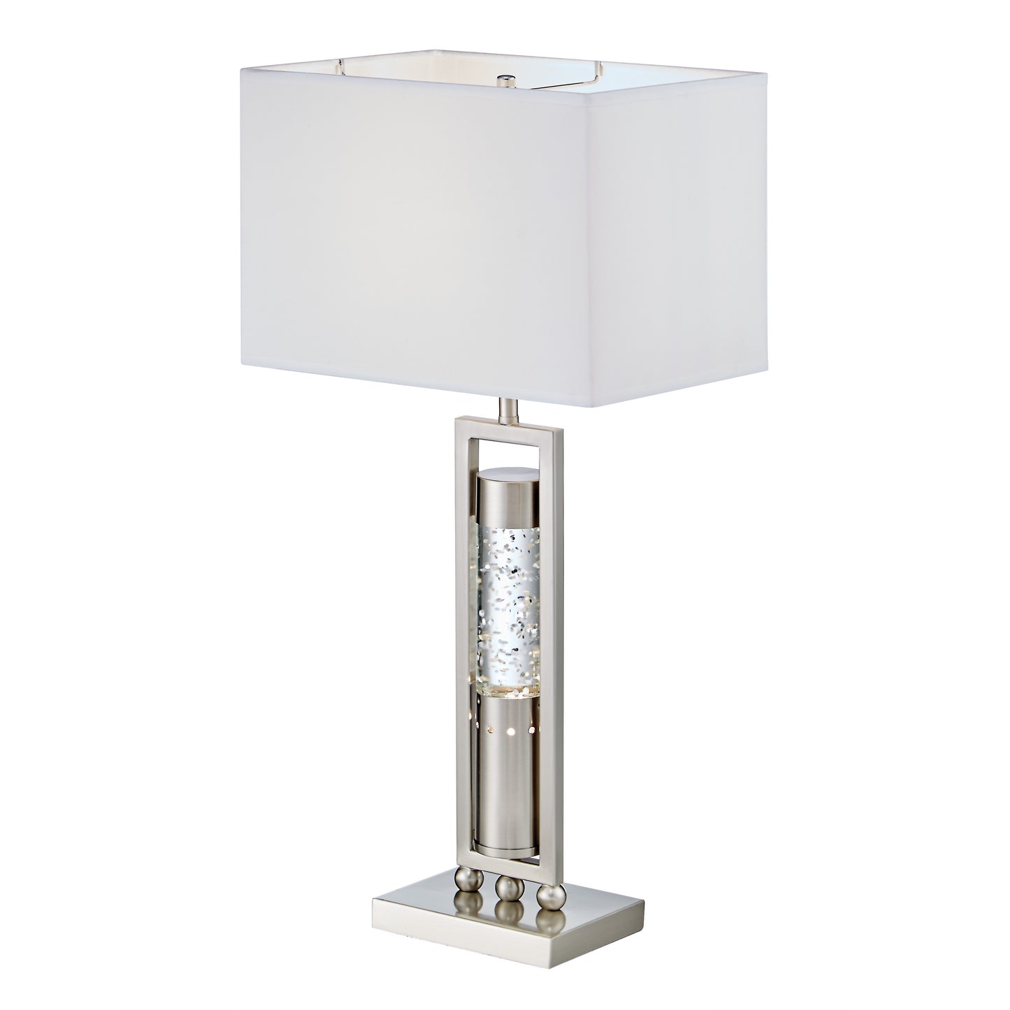 Brushed nickel modern table lamp with white rectangular shade and decorative glass cylinder