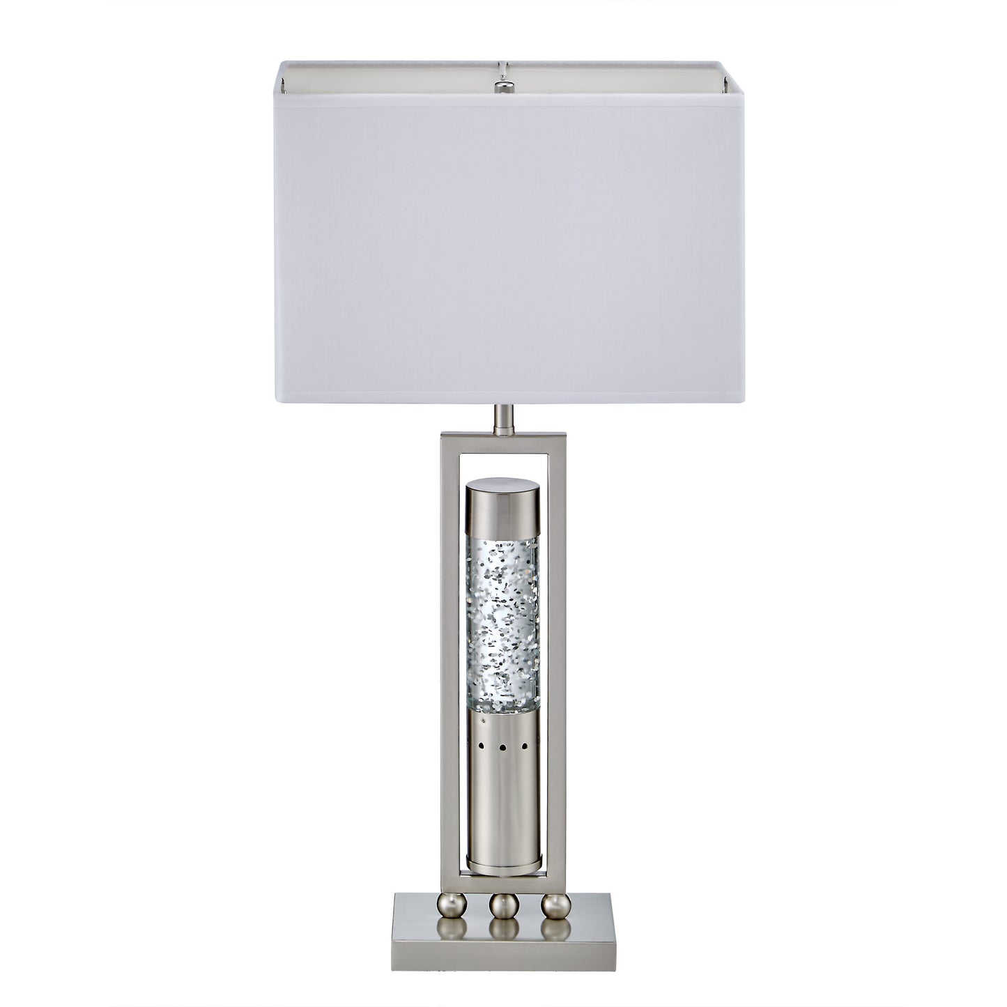 Modern brushed nickel table lamp with clear cylinder filled with silver accents