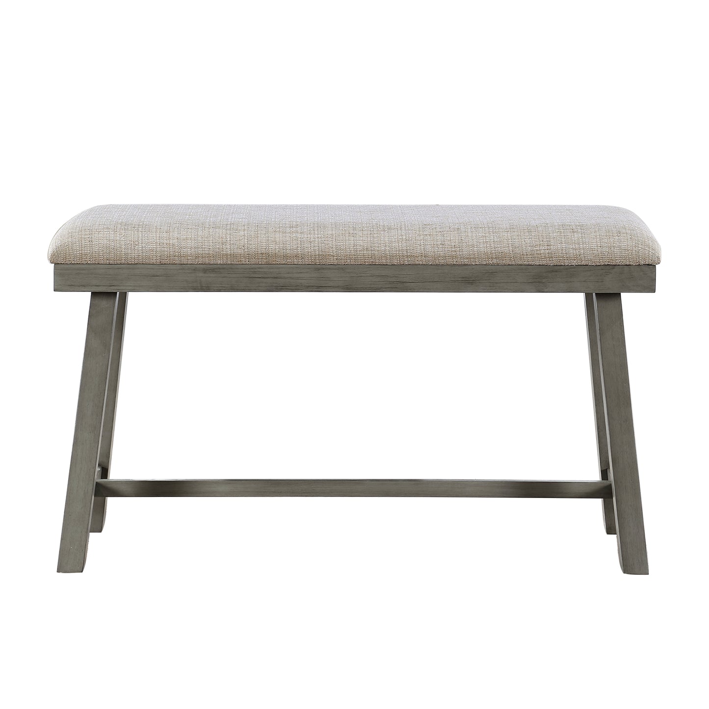Grey upholstered dining bench with natural wood legs and stretcher bar