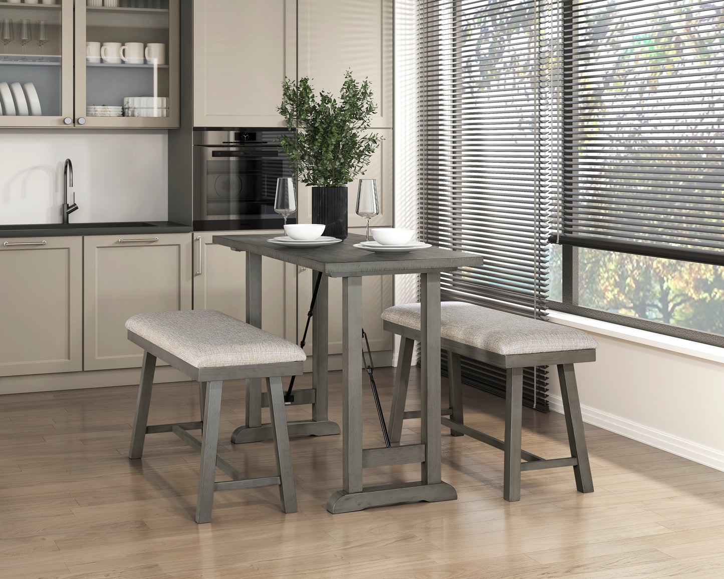 Gray rustic bar table with two upholstered benches ideal for small kitchens