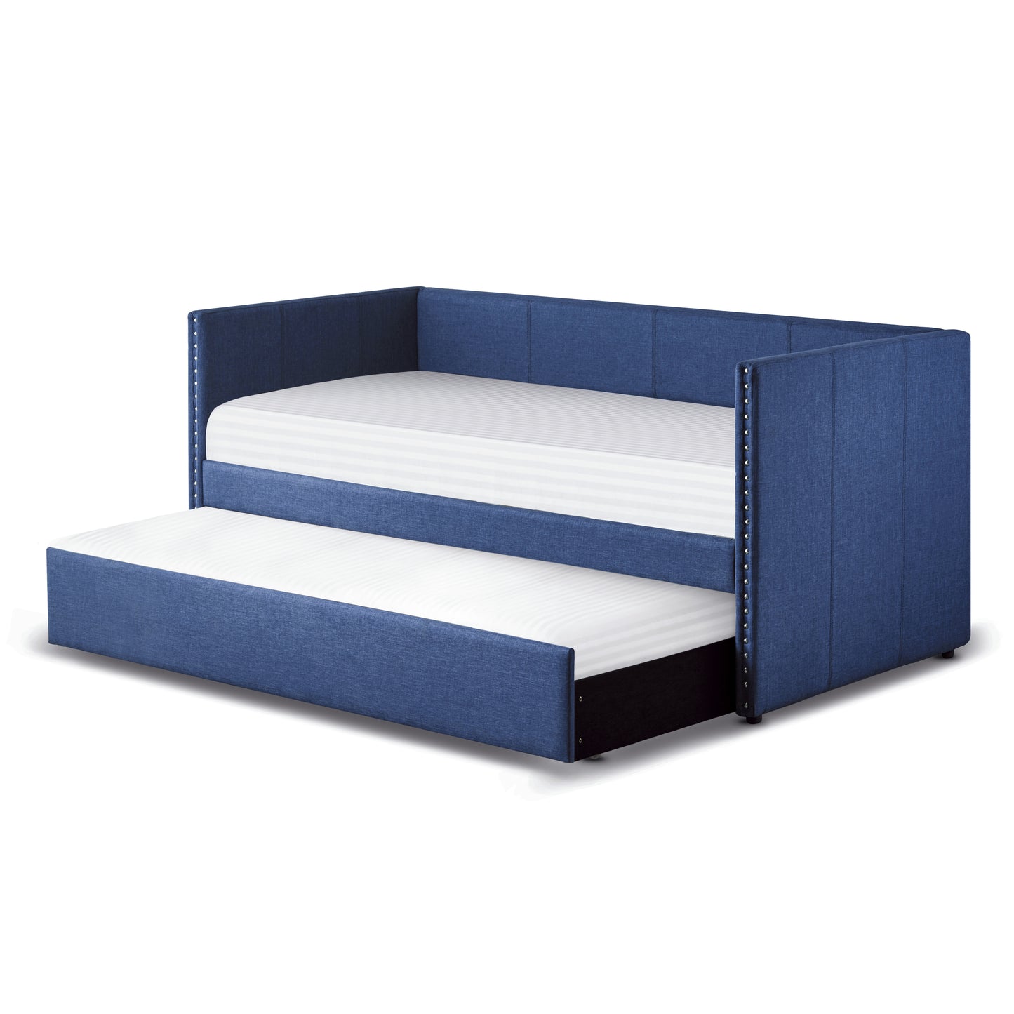 Blue upholstered daybed with pullout trundle featuring silver nailhead trim