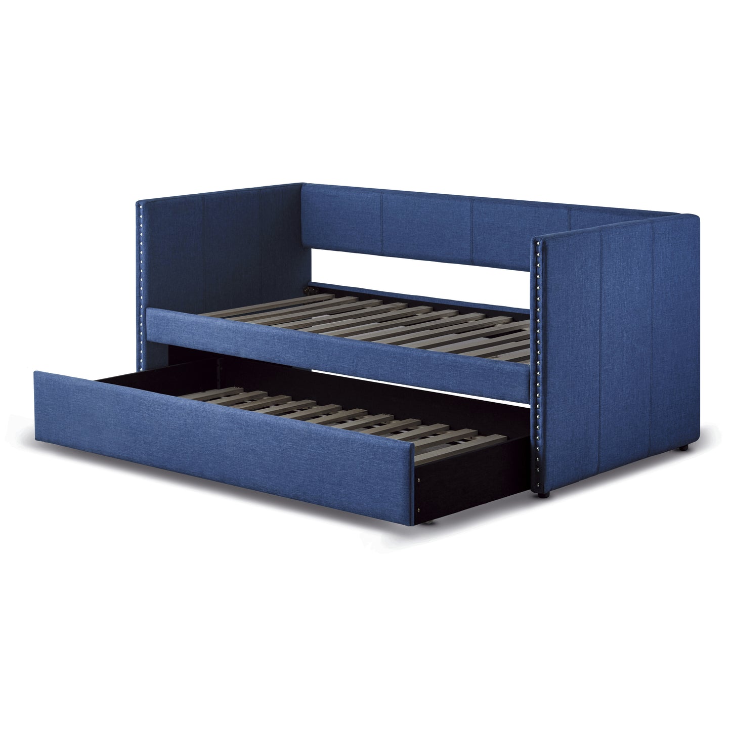 Navy blue upholstered twin daybed with pullout trundle bed and silver nailhead trim