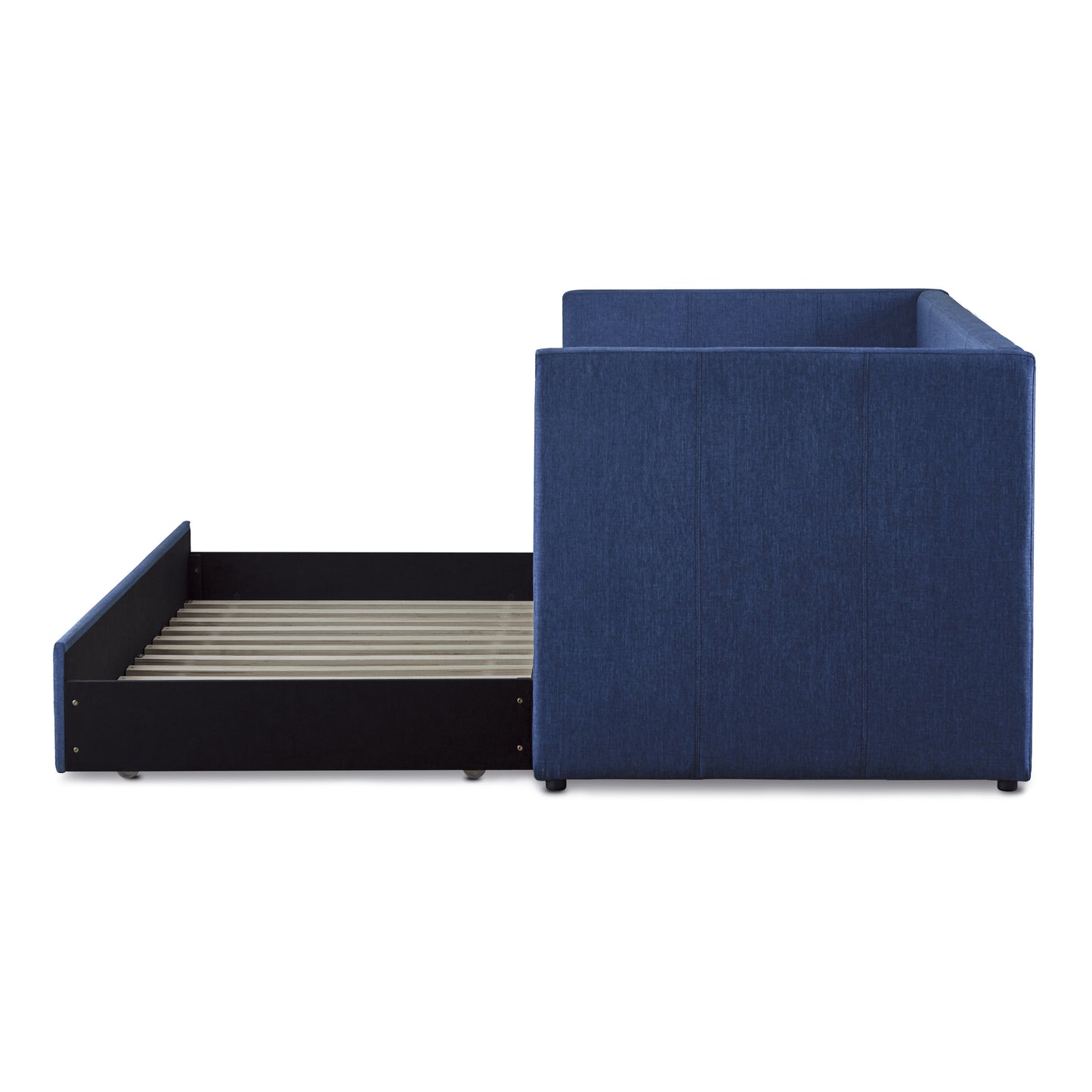 Navy blue upholstered sofa bed with pullout mattress frame on white background
