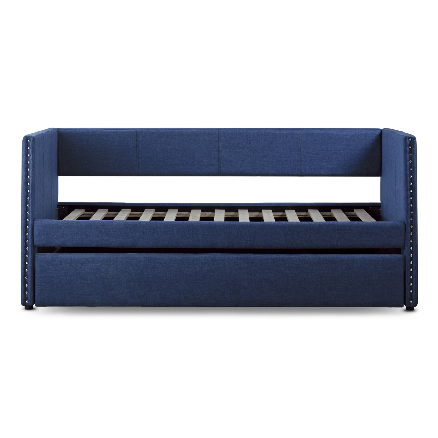 Navy blue upholstered daybed with studded arms and slatted mattress support