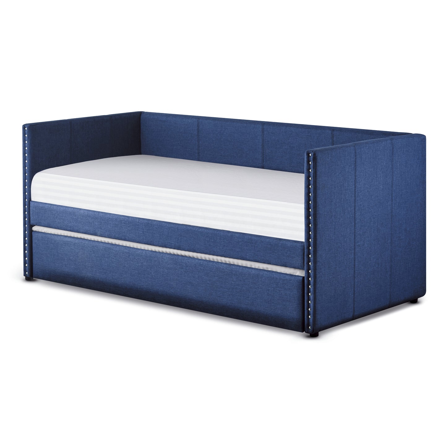 Navy blue upholstered daybed with studded arms and pullout trundle