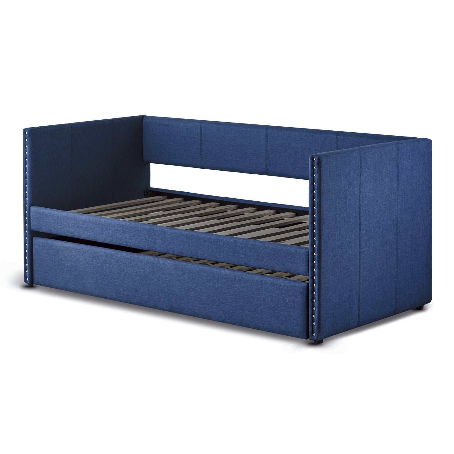 Navy blue upholstered daybed with pullout trundle and silver nailhead trim