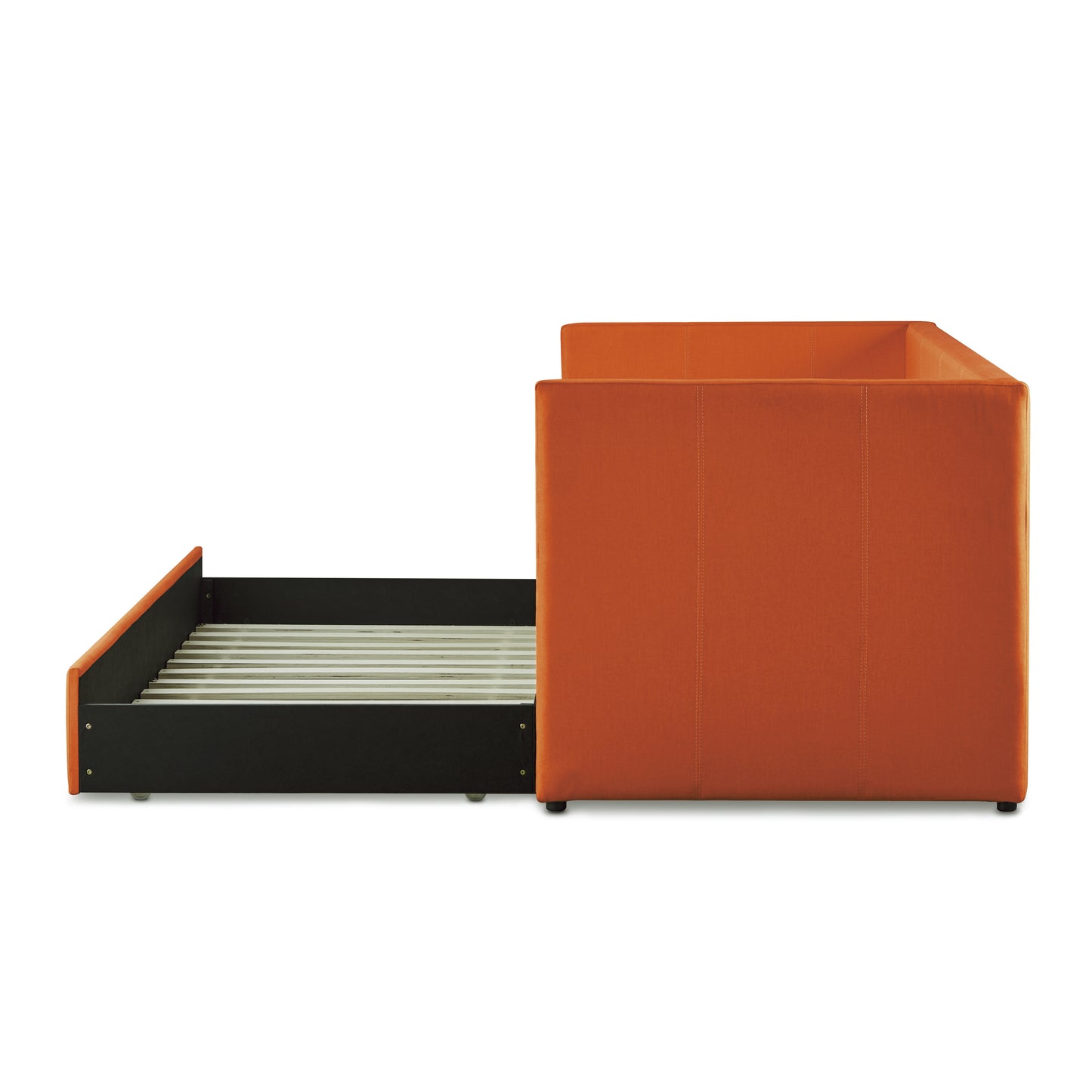 Orange upholstered sofa bed frame with pullout mattress support visible