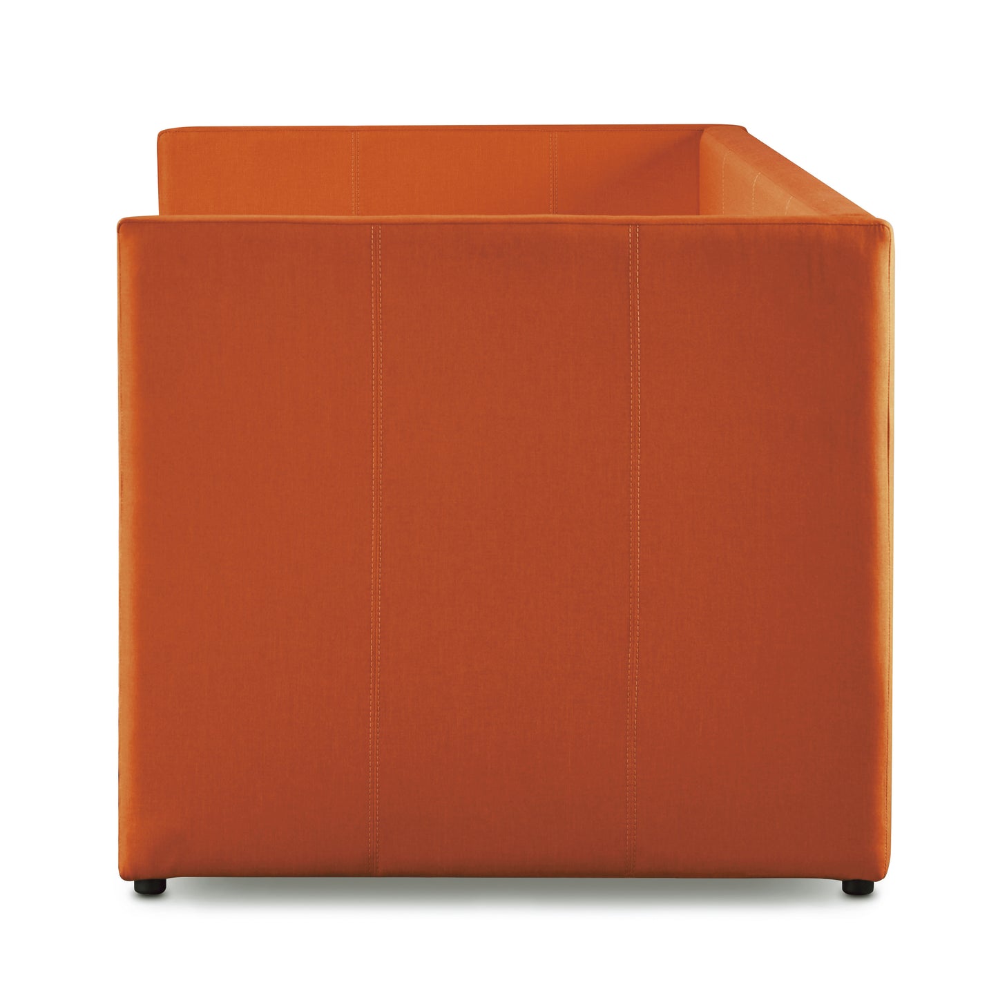 Orange upholstered accent chair with modern square design and visible stitching