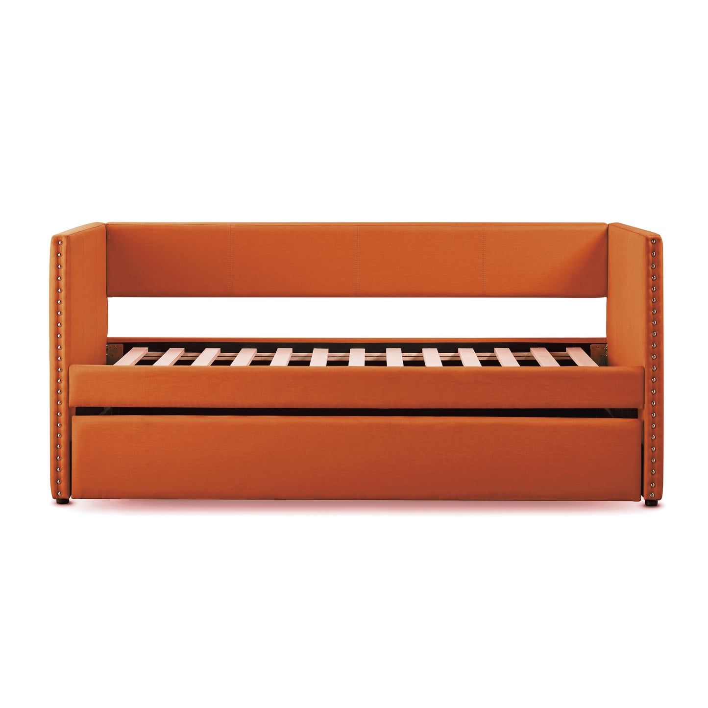 Orange upholstered daybed with studded trim and pullout trundle for guest sleeping