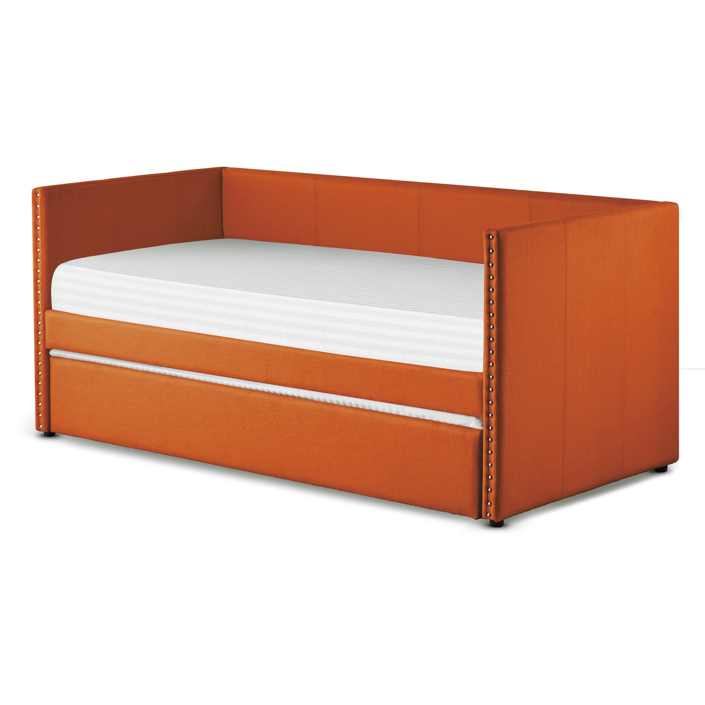 Orange upholstered daybed with nailhead trim and a pullout trundle bed for guest rooms