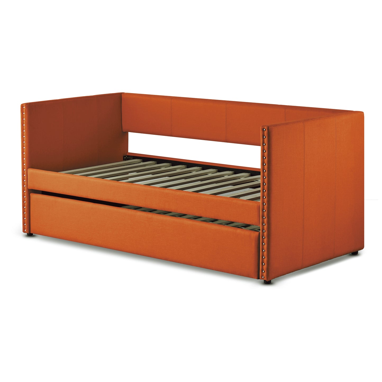 Orange upholstered daybed with trundle and silver nailhead trim modern style