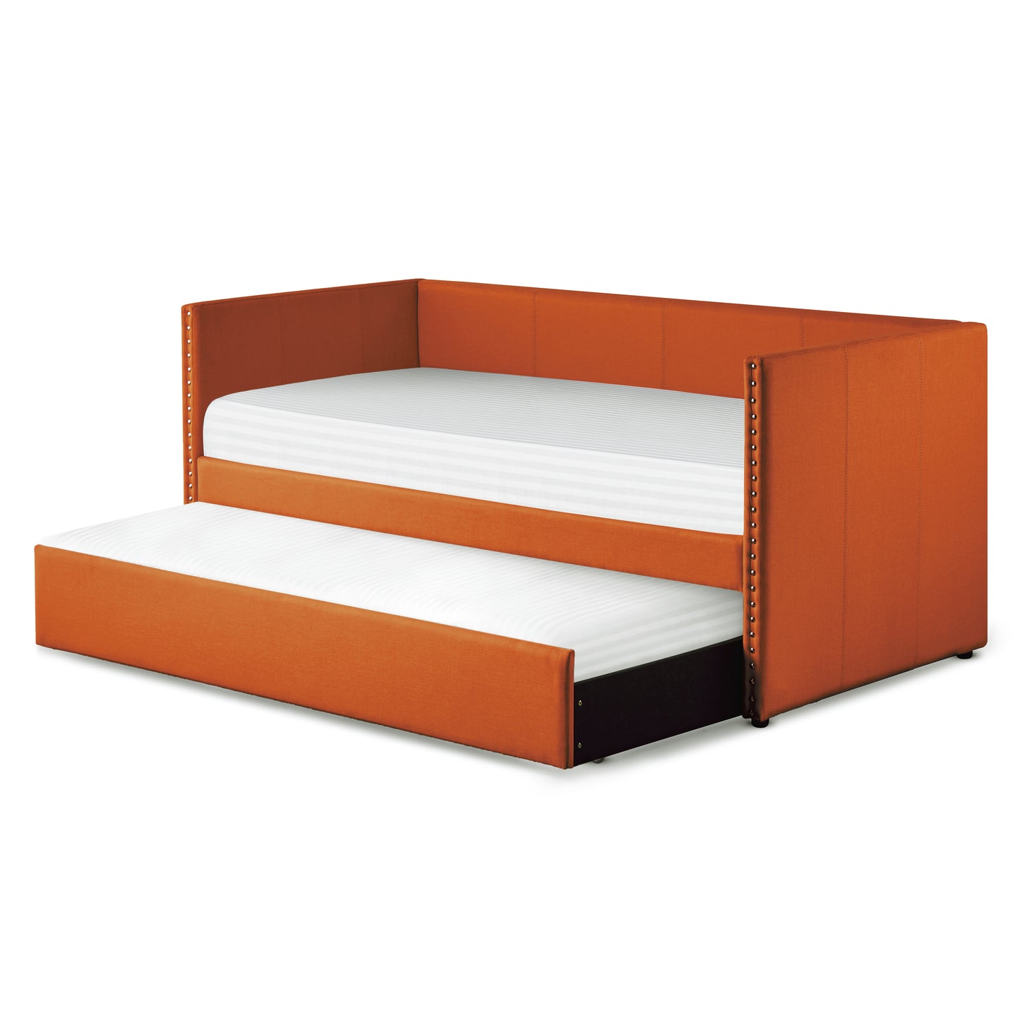 Orange upholstered daybed with trundle featuring studded trim and white striped mattresses