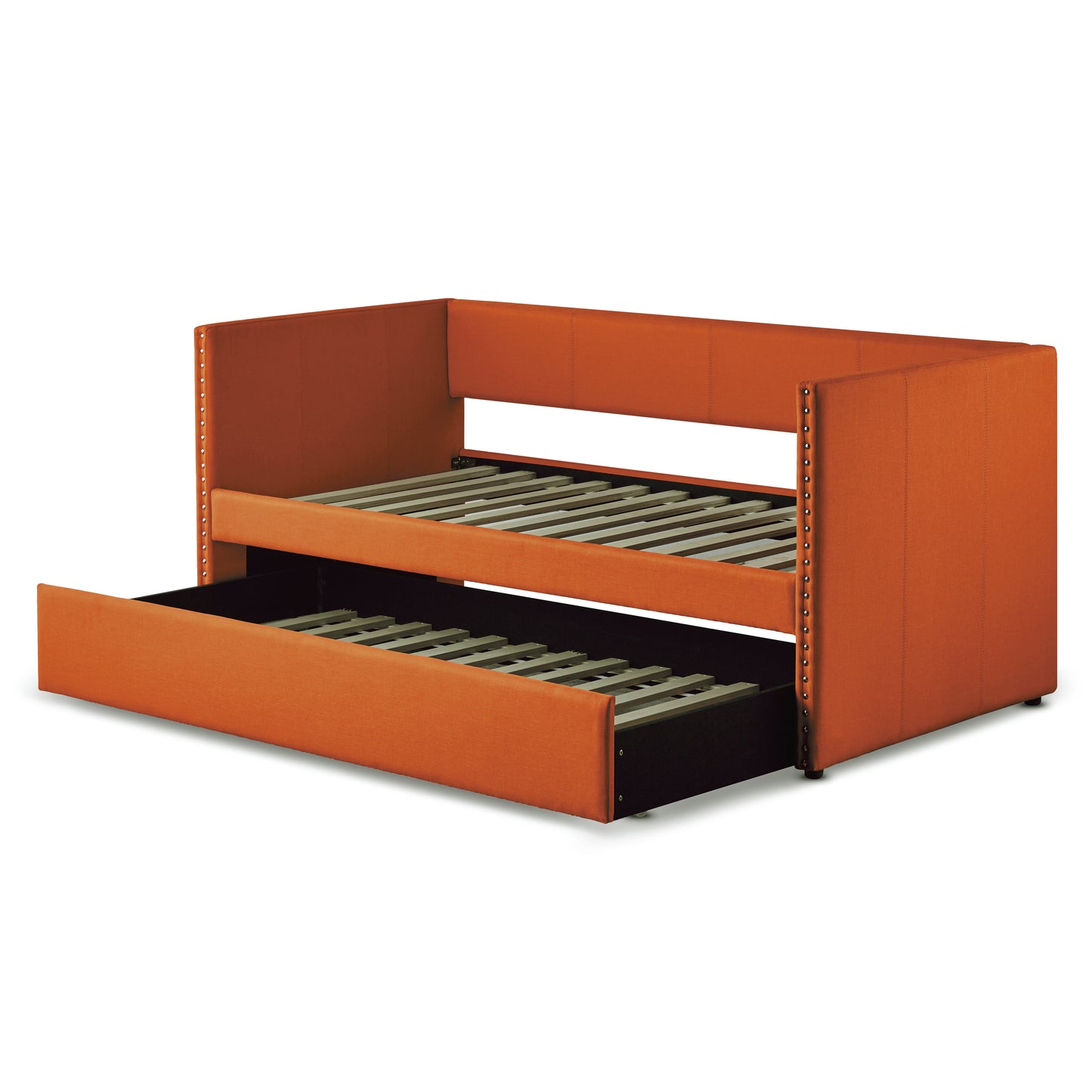 Orange fabric upholstered daybed with pullout trundle nailhead trim detail