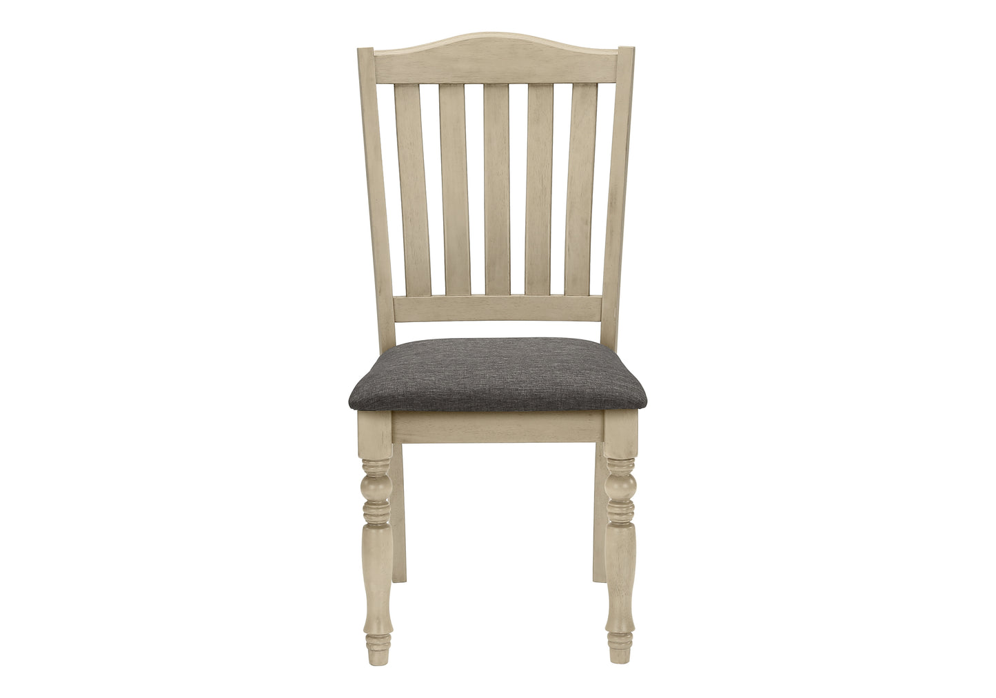 Farmhouse dining chair with light oak finish and grey upholstered seat