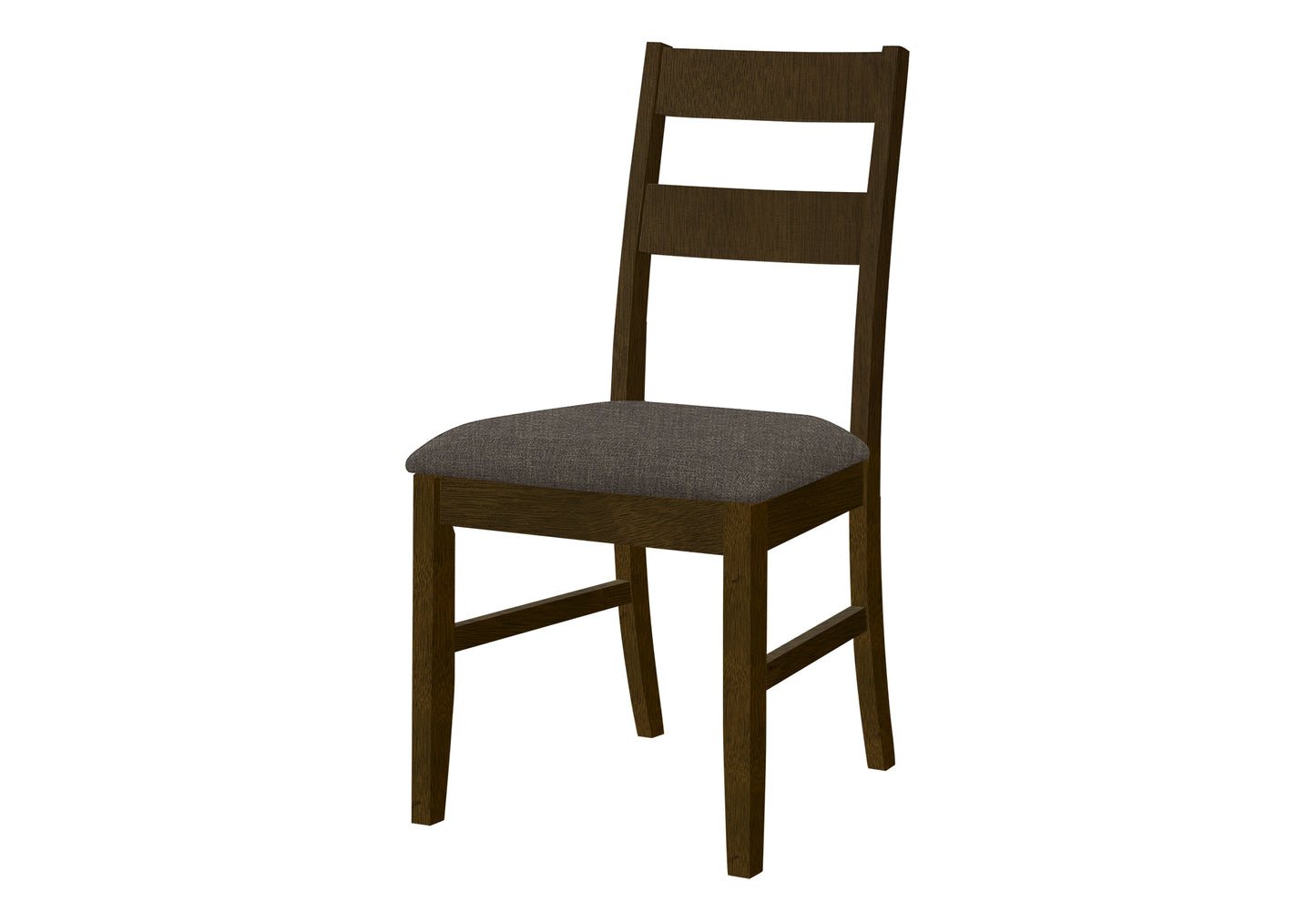 Wooden dining chair with dark brown frame and grey upholstered seat