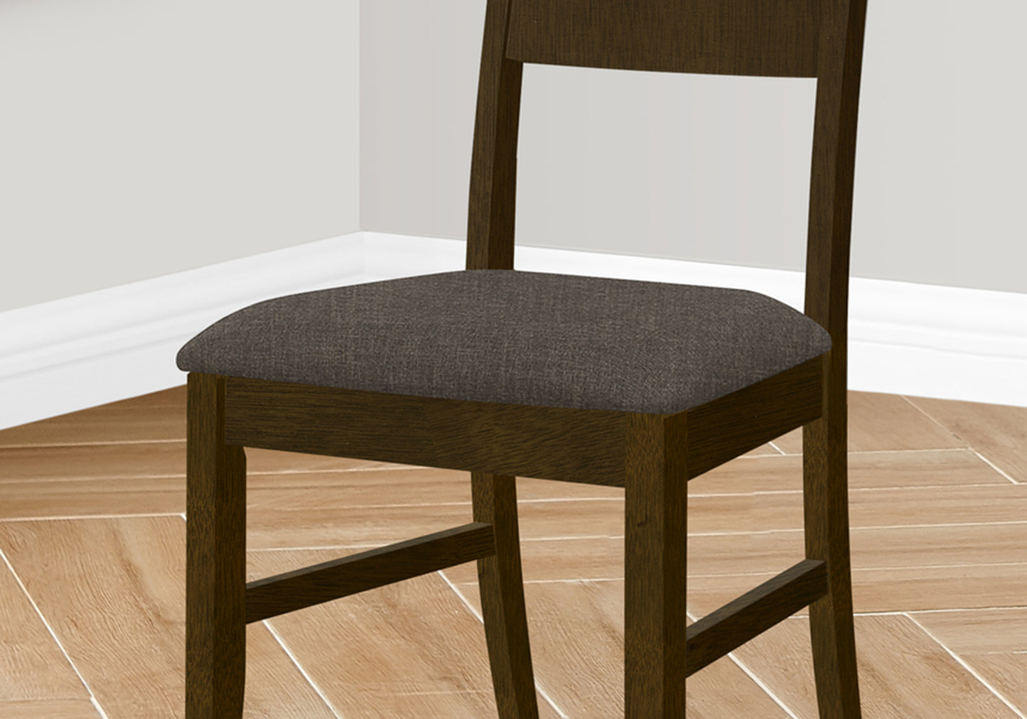 Dark oak wood bar stool with a charcoal grey upholstered seat