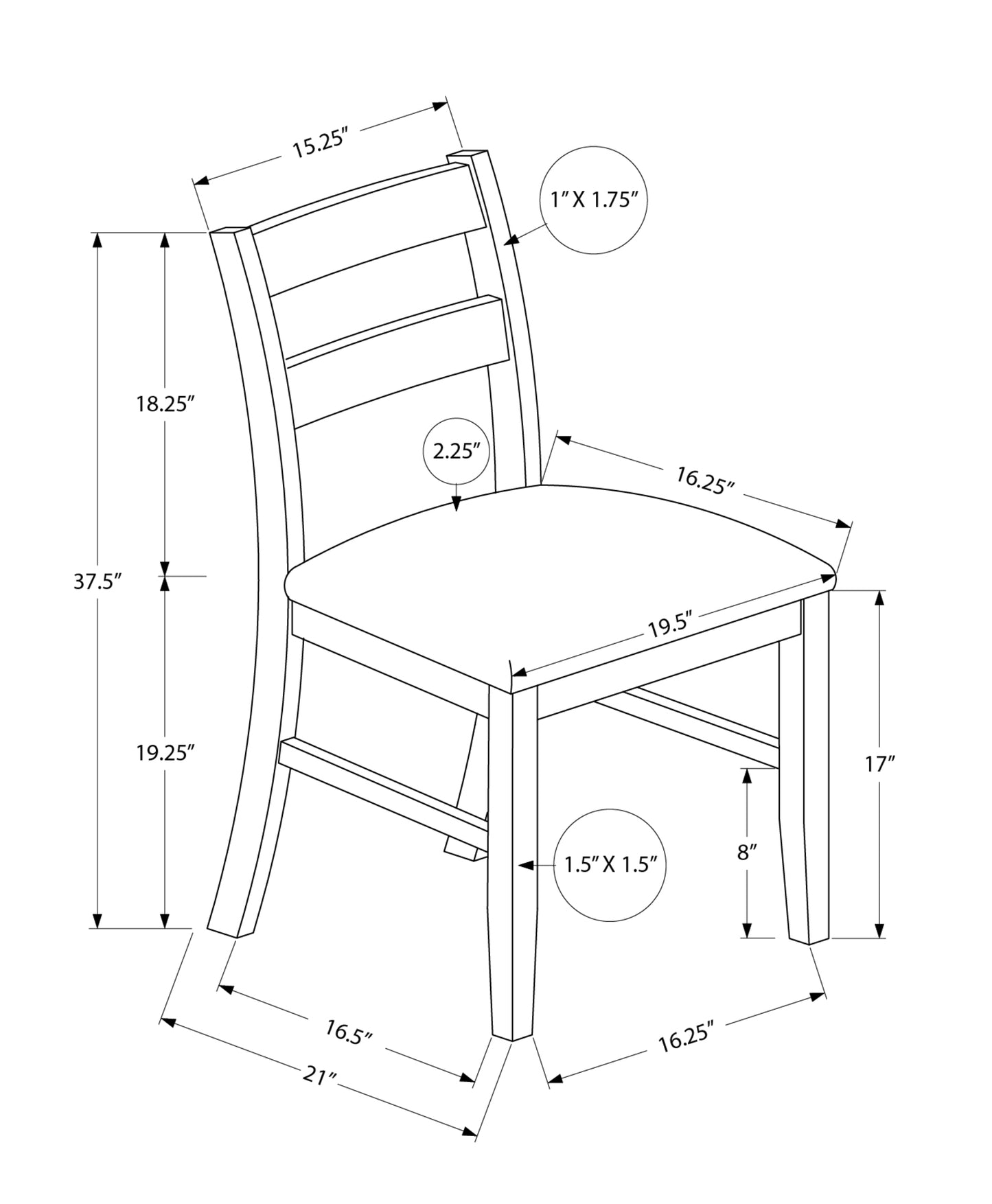 Technical drawing of a modern dining chair with dimensions for seat and back height