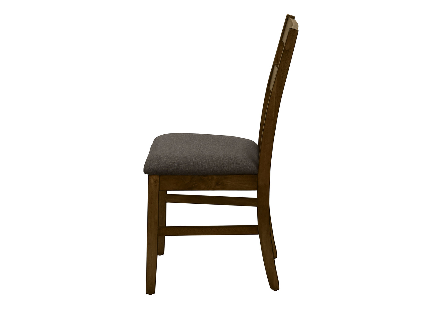Side view of a dark brown wooden dining chair with a gray upholstered seat