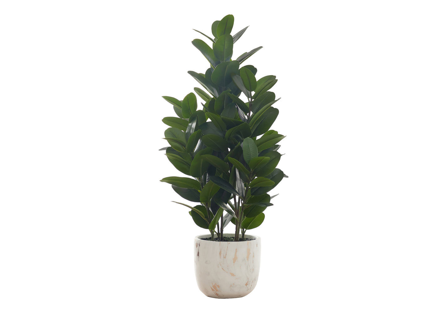 Tall artificial ficus tree with glossy dark green leaves in a marbled white and gold planter