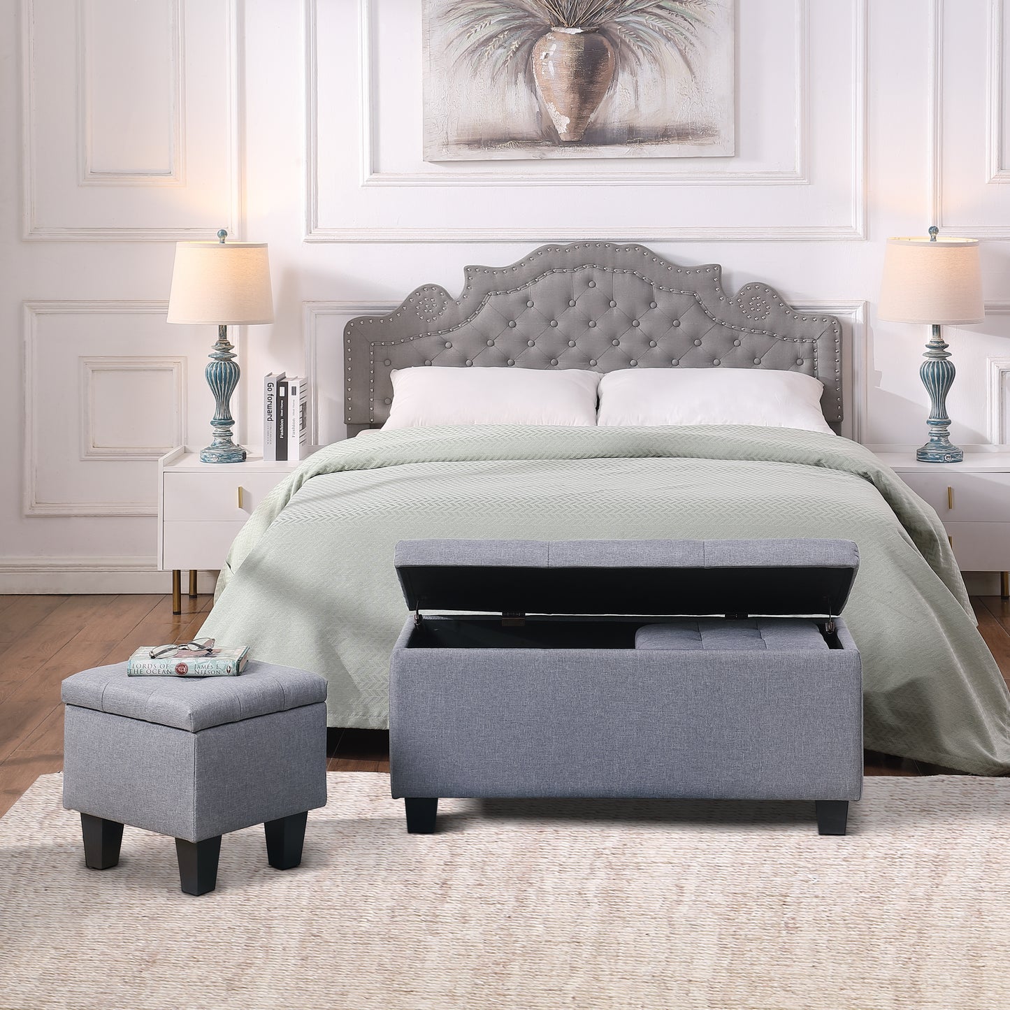 Tufted grey fabric storage ottoman with open lid