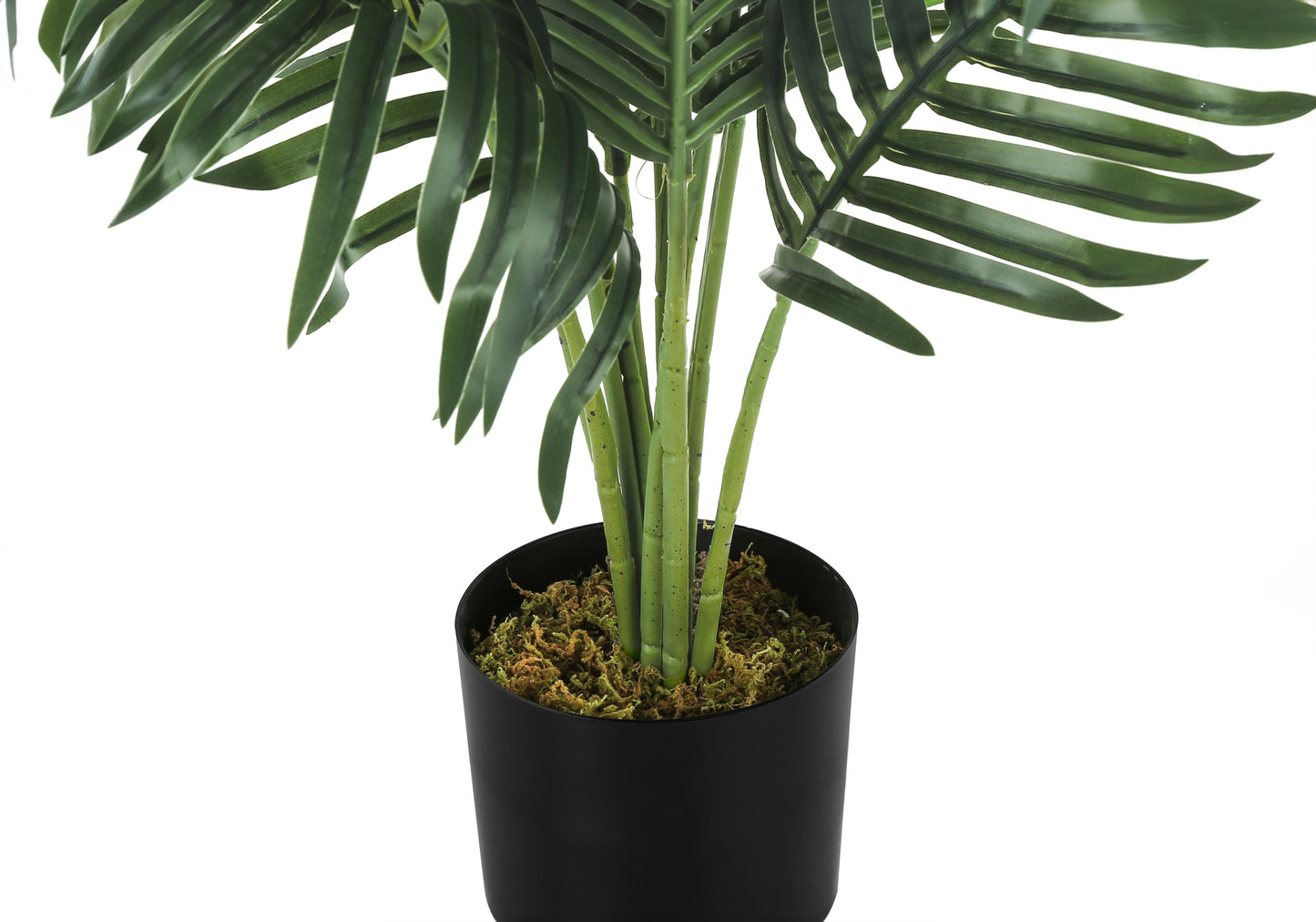Close up of a realistic artificial palm plant with lush green fronds in a black pot
