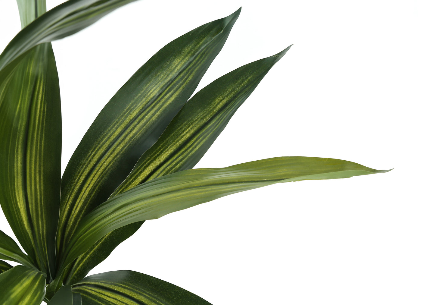 Closeup of vibrant green faux palm leaves with subtle gold striations