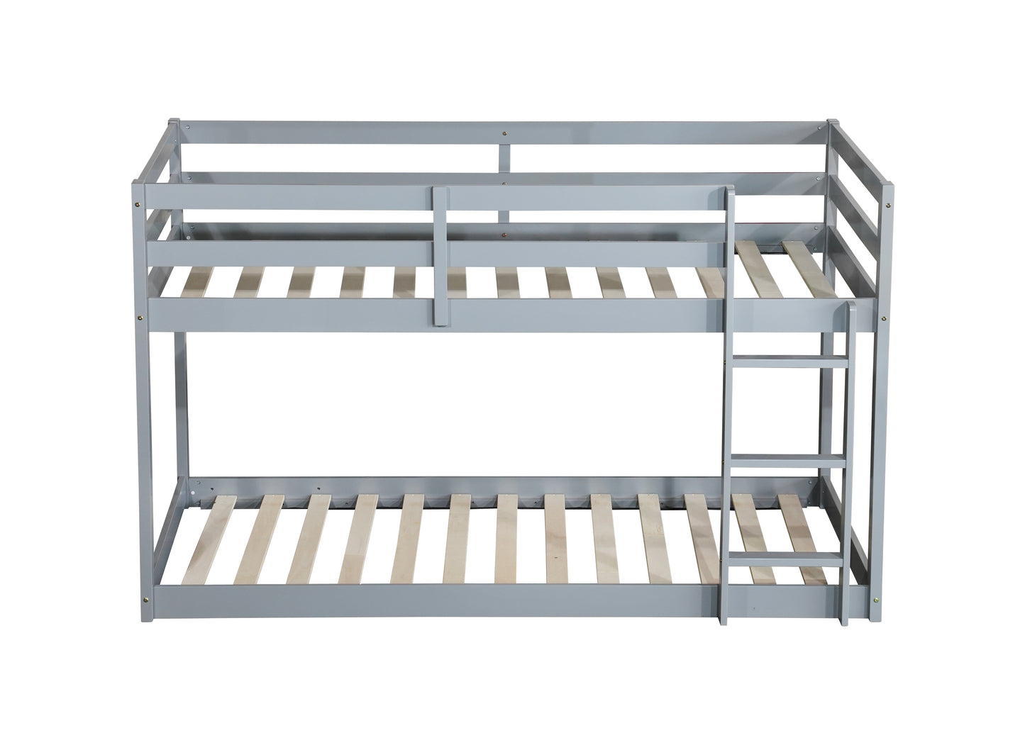 Gray wooden bunk bed with ladder and guardrails