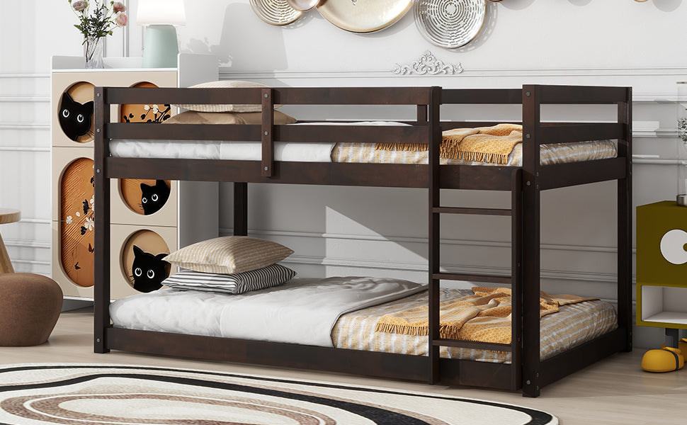 Dark brown wooden bunk bed with white and yellow striped bedding